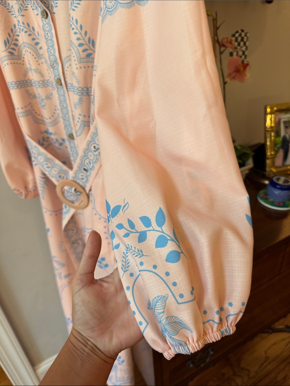 SundayUp Peach Maxi Shirt Dress with Blue Floral Motif full button down - Picture 5 of 6